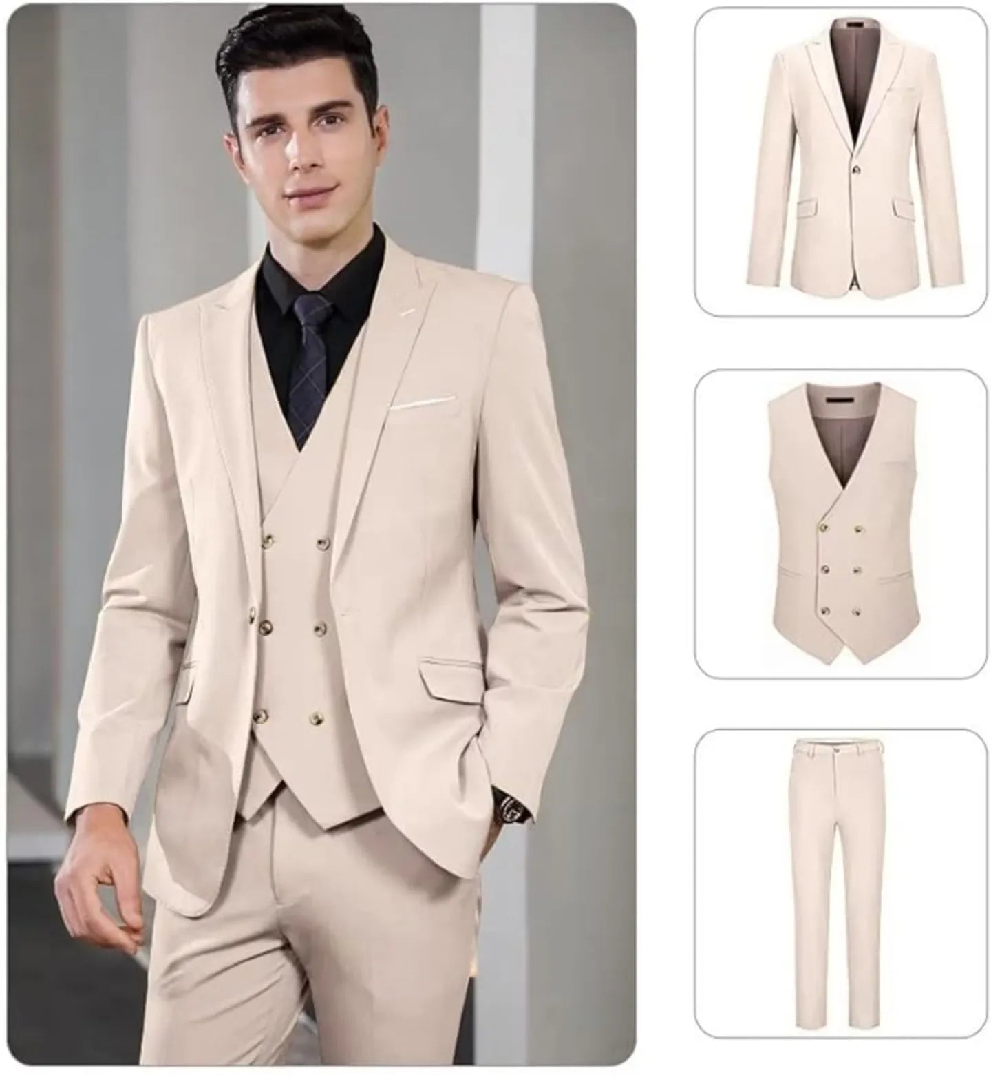 wehilion double breasted suit for men in beige featuring a modern fit with vest and trousers