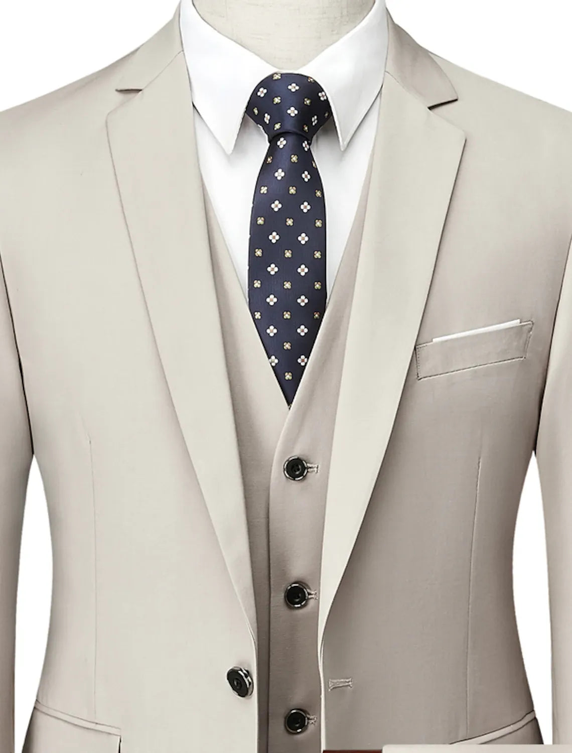 beige tailored 3-piece men's suit - formal business wedding attire with navy floral tie