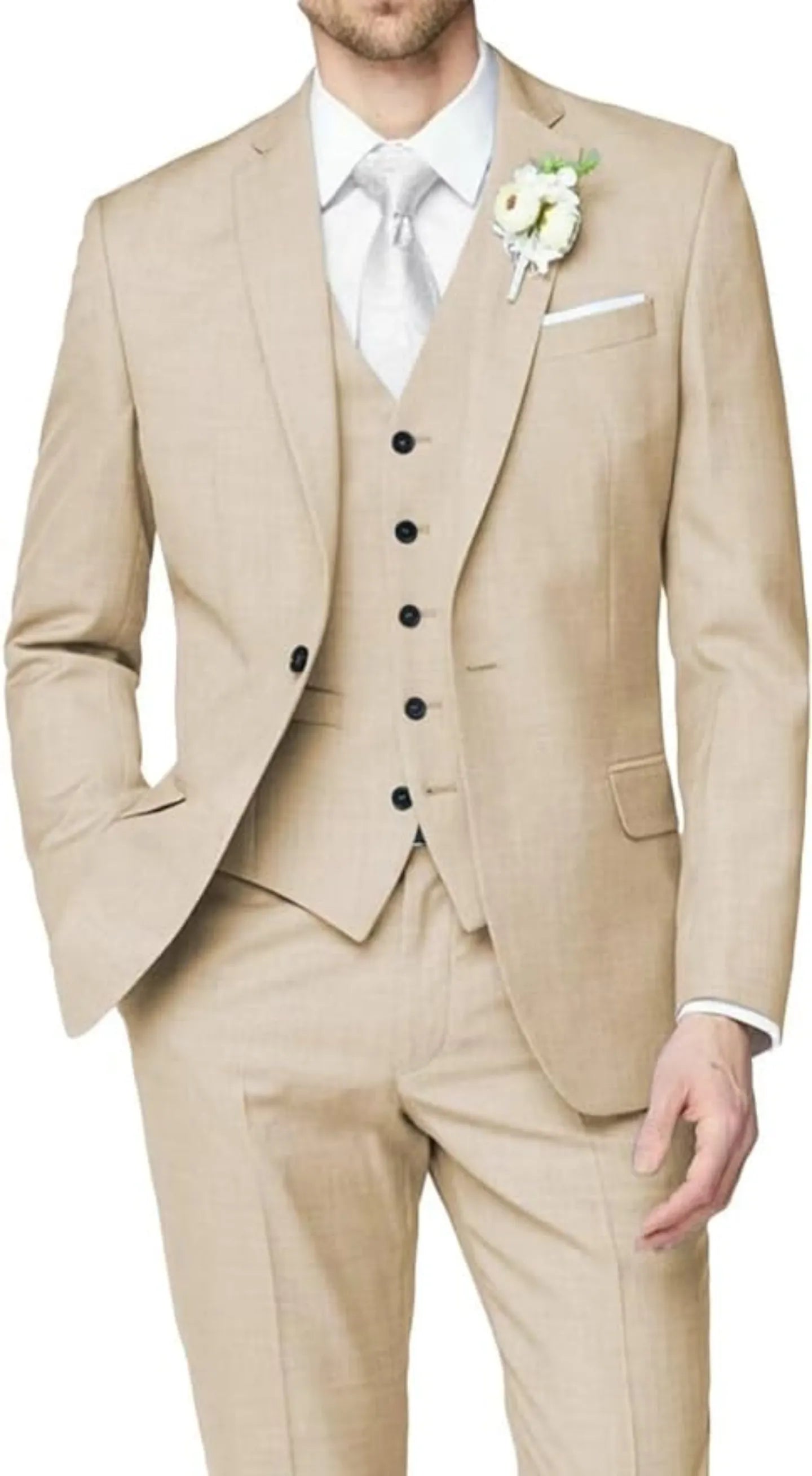 close-up of beige wedding groomsmen 3 piece men's suit showing tailored blazer, buttoned vest, and floral boutonniere