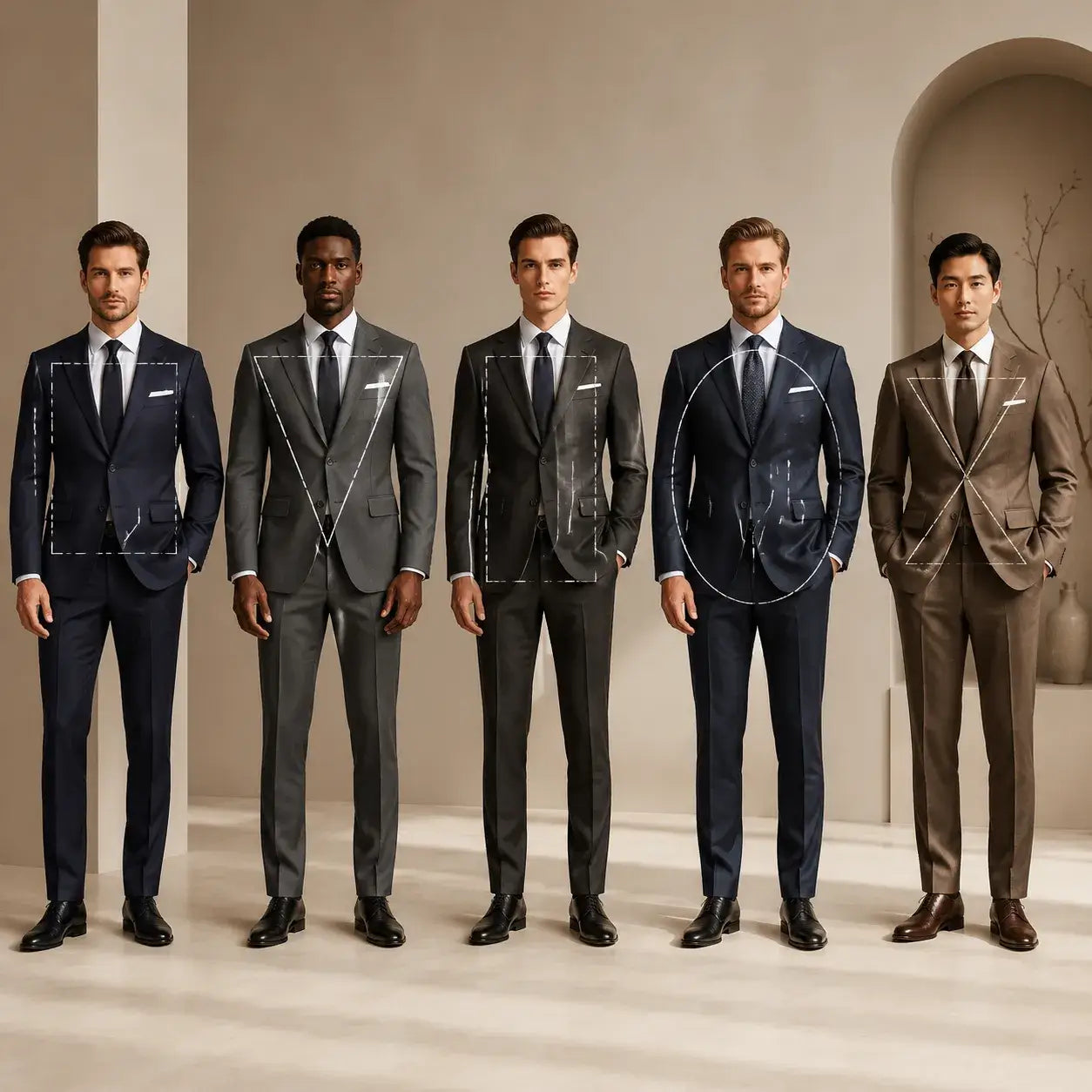 Men with different body types wearing tailored single breasted and double breasted suits in a minimalist editorial lookbook setting.
