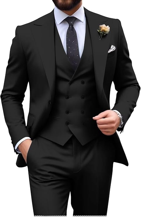 Men’s black tuxedo set with tailored fit blazer, formal vest, and dress pants – ideal for casual weddings or prom