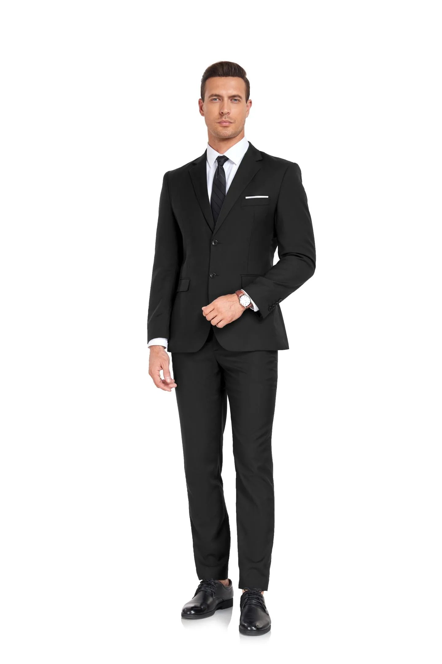 front view of black two button 2 piece men's suit with black tie, sleek modern business formal style