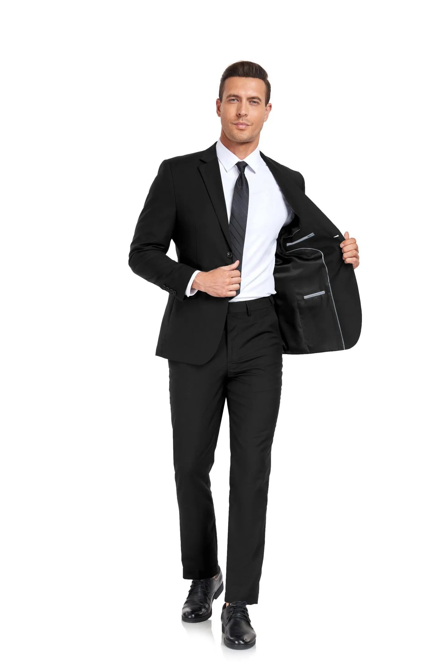 tailored black two button 2 piece men's suit with white shirt accent for elegant formal look