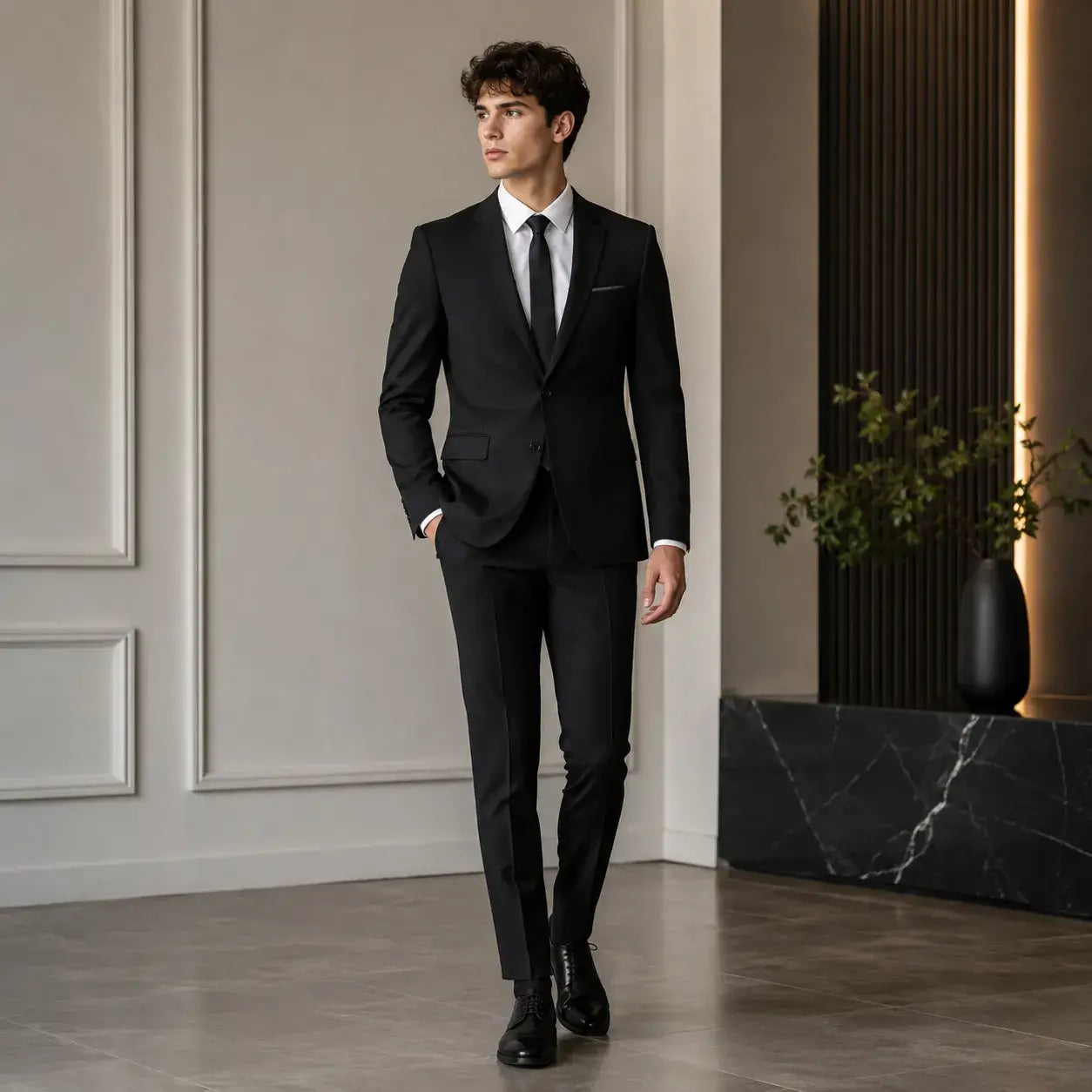 Black 2 piece prom suit for simple styling with tailored jacket, matching pants, white shirt, and black tie.