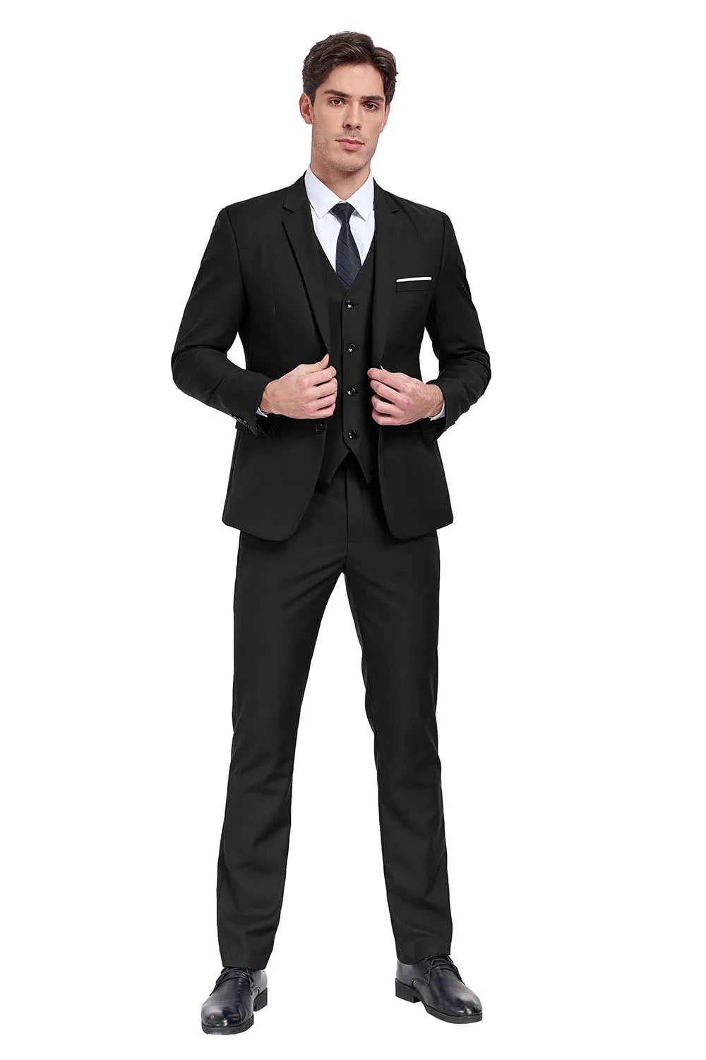 Front view of black 3 piece men's suit – slim fit blazer, vest, and trousers for weddings and formal events