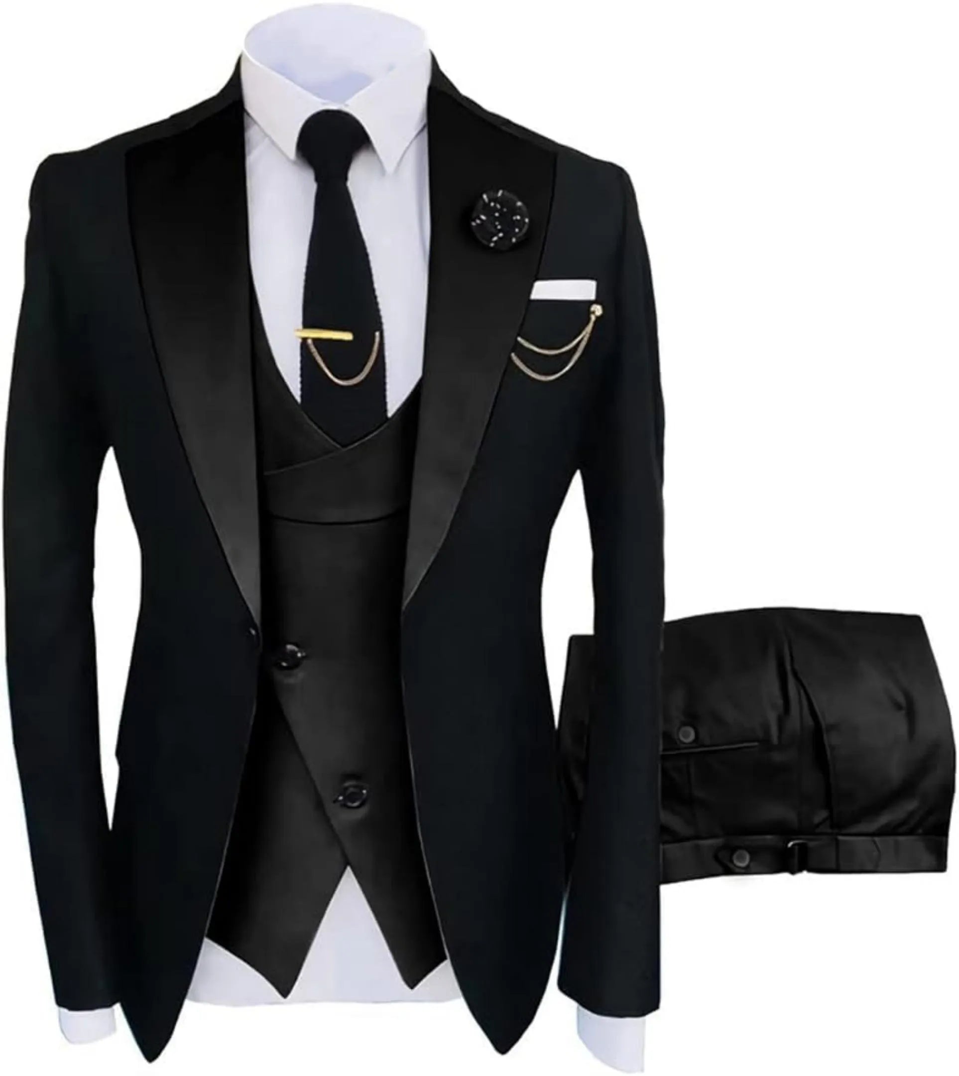 black 3 piece men's suit: satin shawl lapel blazer, cross double-breasted vest, gold chain accessories, white pocket square and lapel pin