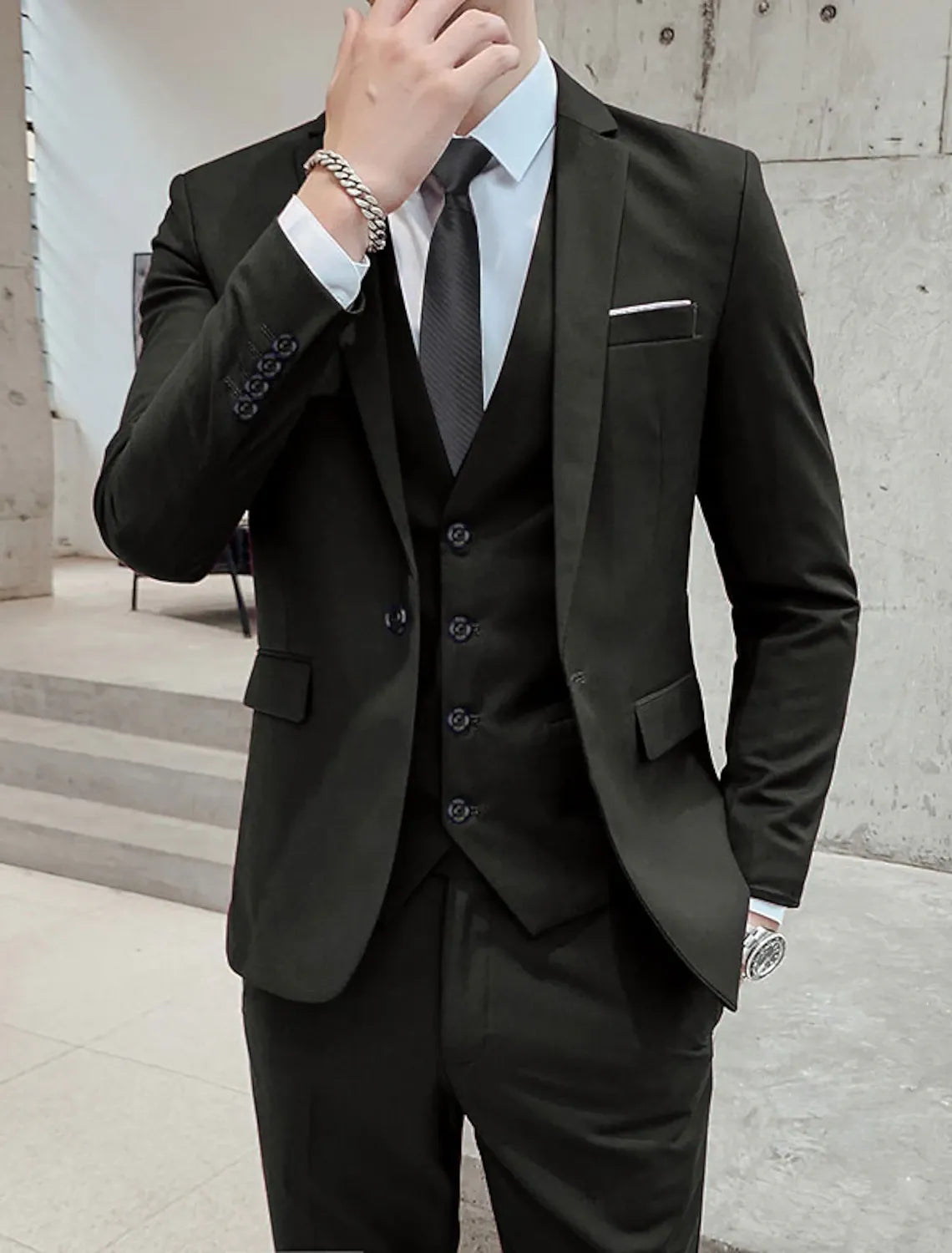 black 3-piece men's wedding suit - formal business work wear with black tie & cufflinks