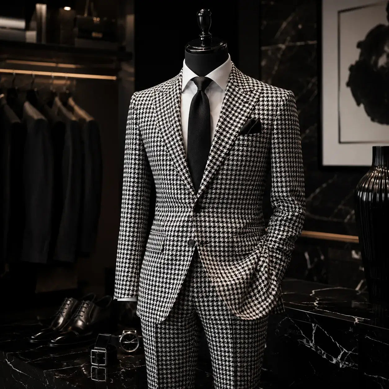 Black-and-white houndstooth suit styled for evening wear with a white shirt, black tie, and formal accessories in a luxury showroom.