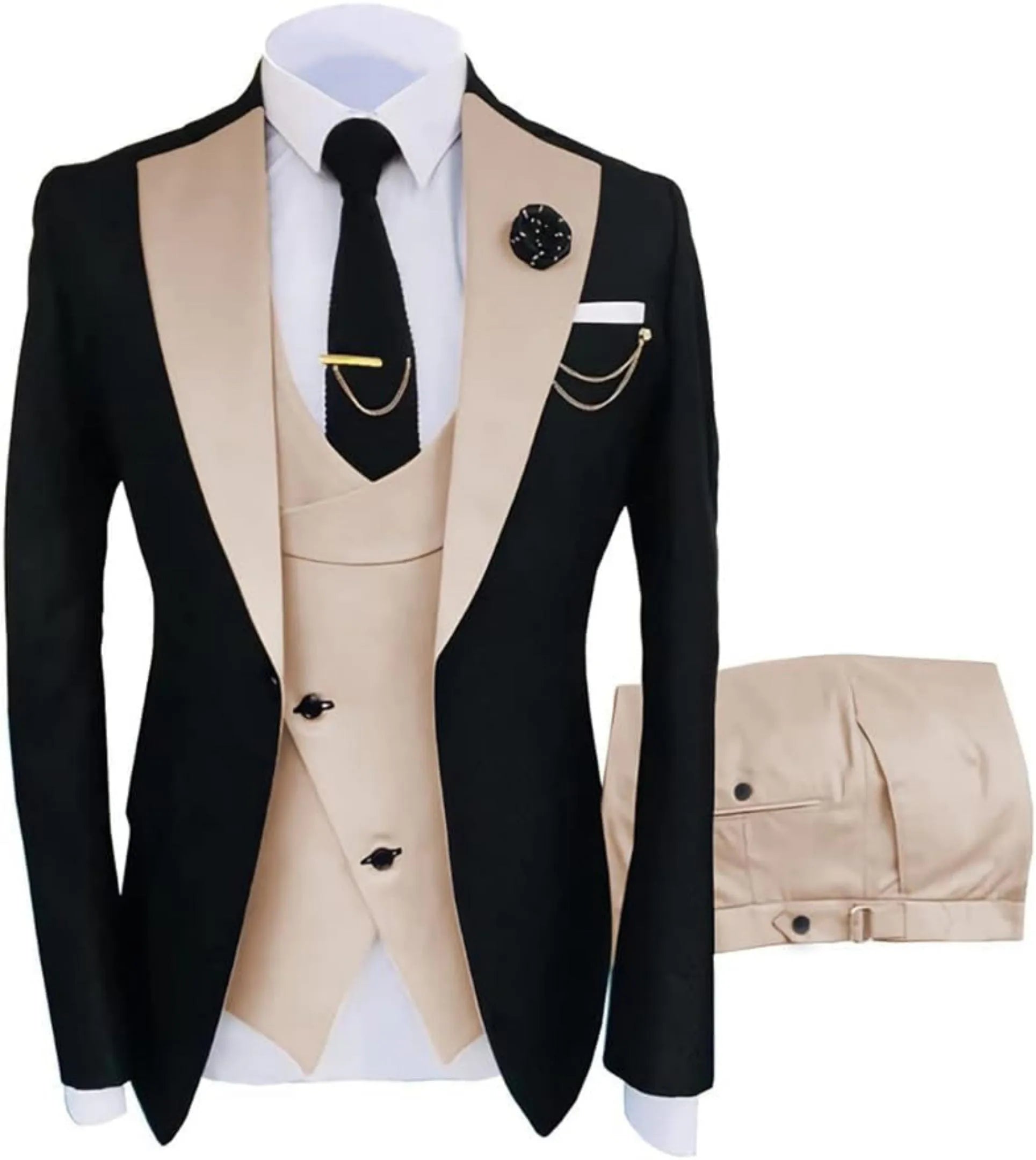 black and beige 3 piece men's suit: black blazer with satin lapel, double-breasted beige vest, white pocket square, gold chain accessories