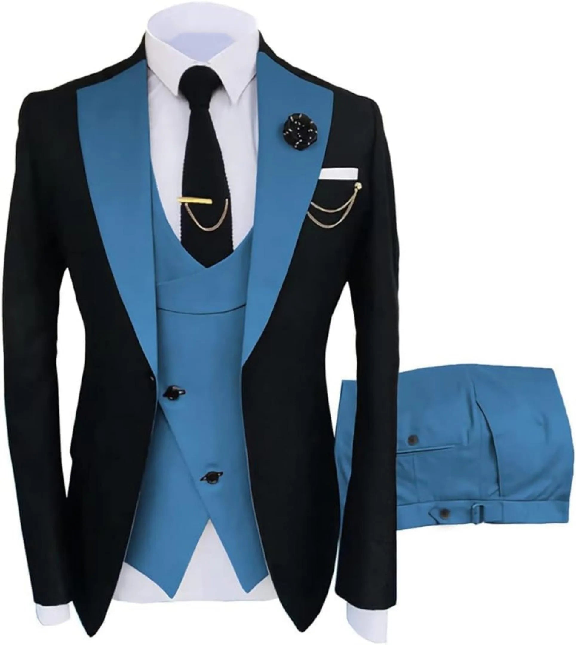 black and blue 3 piece men's suit: black blazer with blue satin lapel, cross blue vest, gold chain accessories, white pocket square and lapel pin