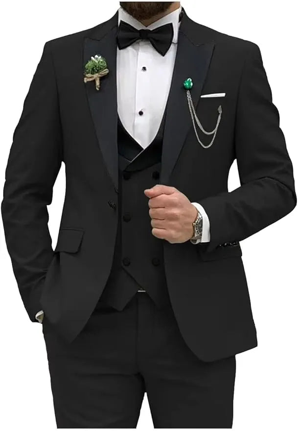 black double breasted 3 piece suit with black lapel – front view