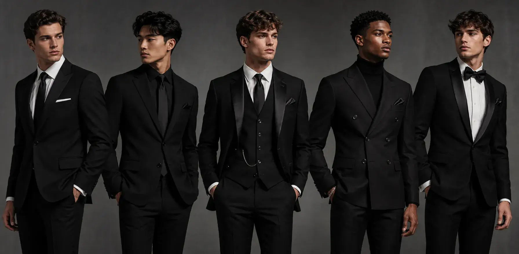 Men wearing black prom suits in classic, all-black, modern, 3 piece, and tuxedo-inspired styles for prom night.