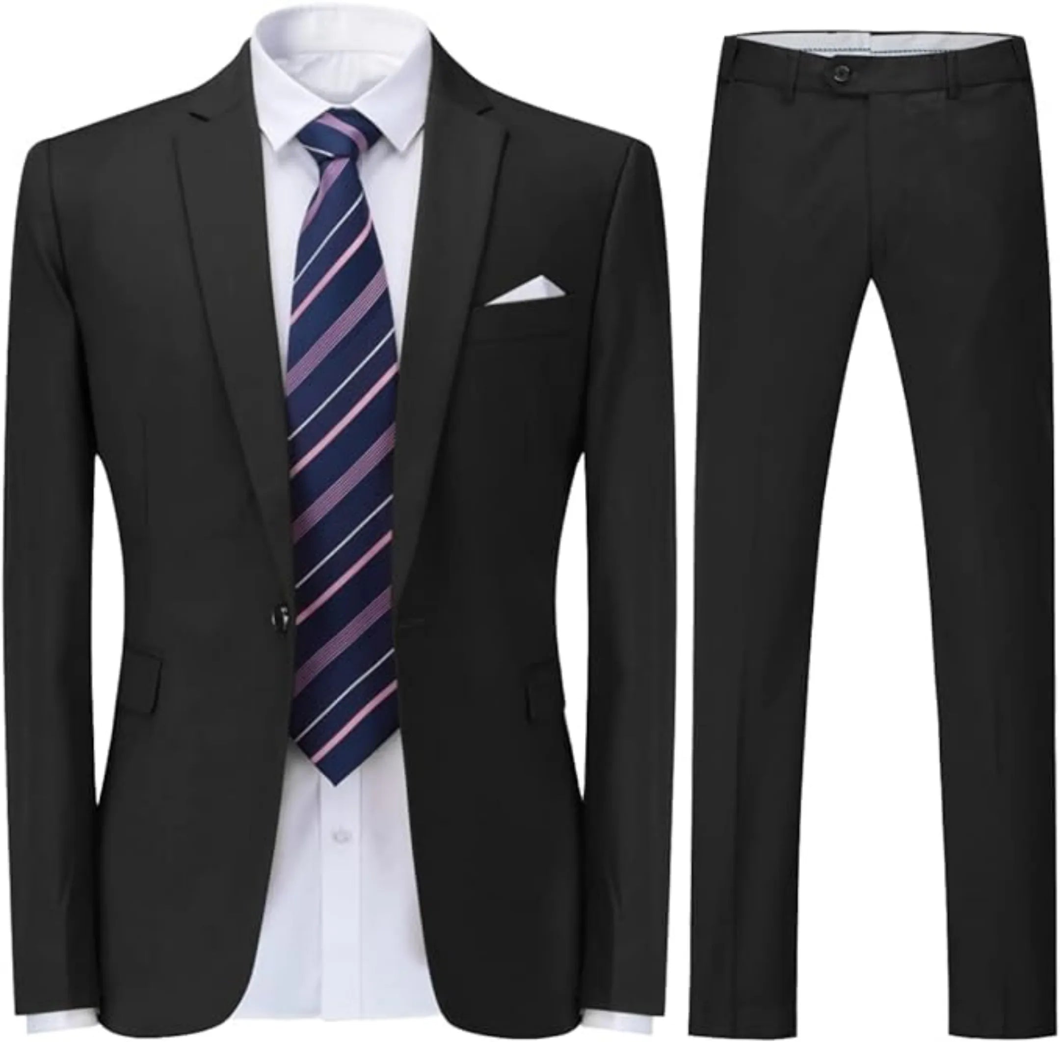 front view of men's black single-breasted one button suit, featuring a tailored blazer, striped tie, and matching trousers for a formal look.