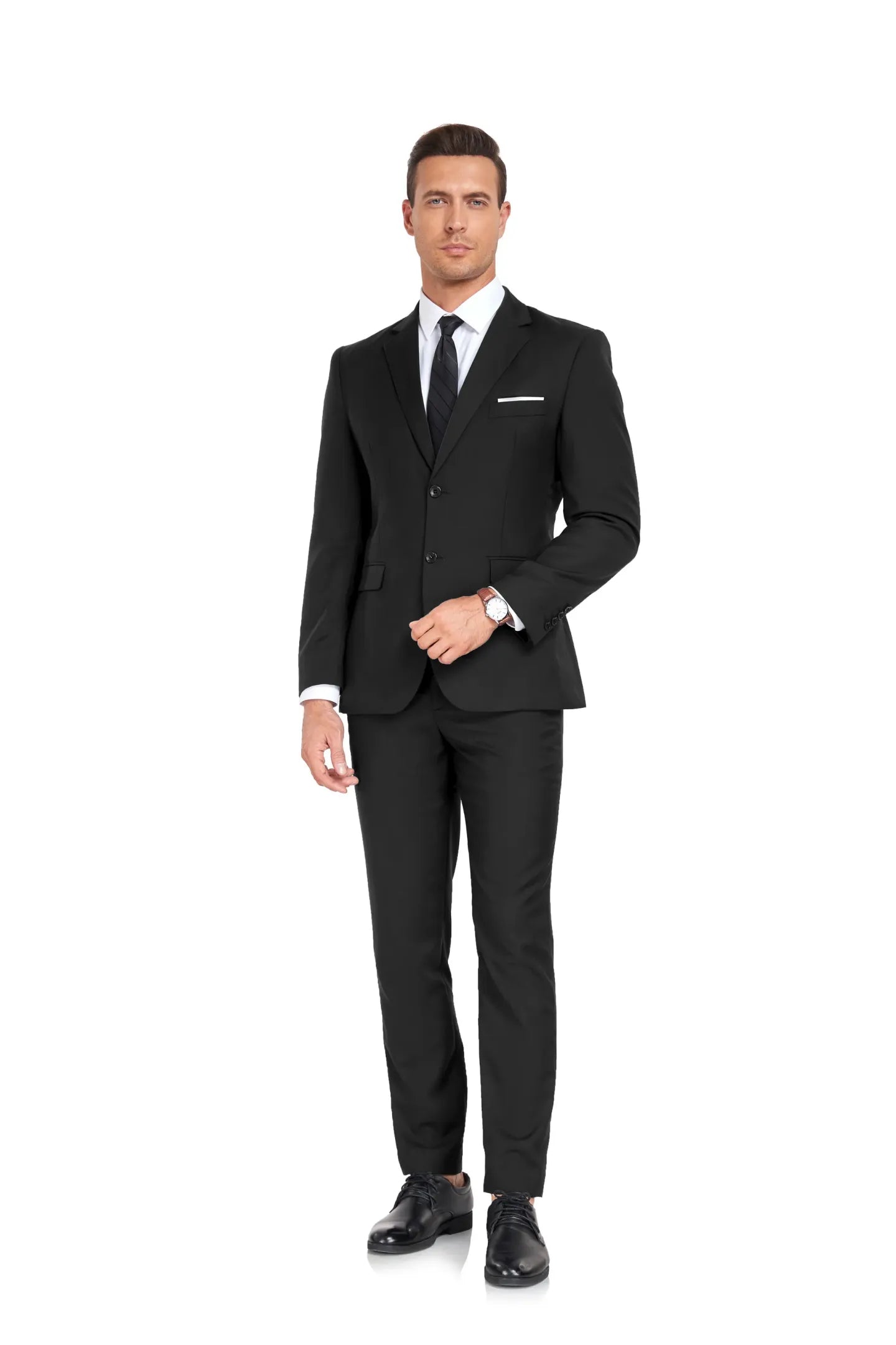 full-body shot of black slim fit 2-piece suit for men – sleek formalwear with notch lapel and sharp silhouette for professional settings.