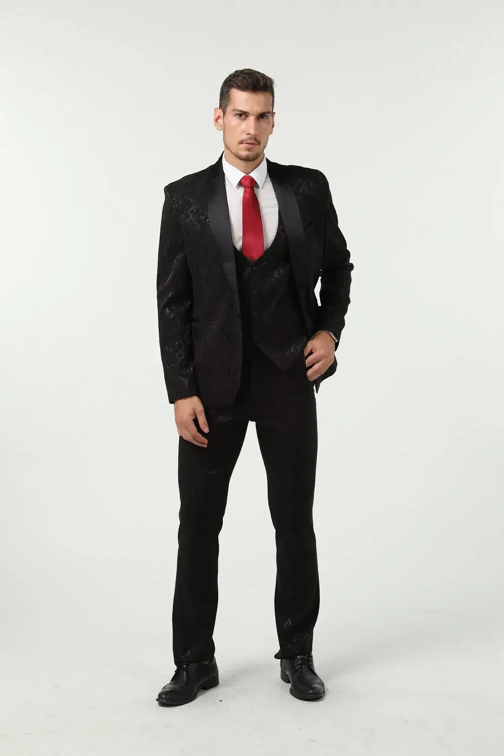 Men's 3 piece black snake jacquard suit for prom – includes blazer, vest, and trousers