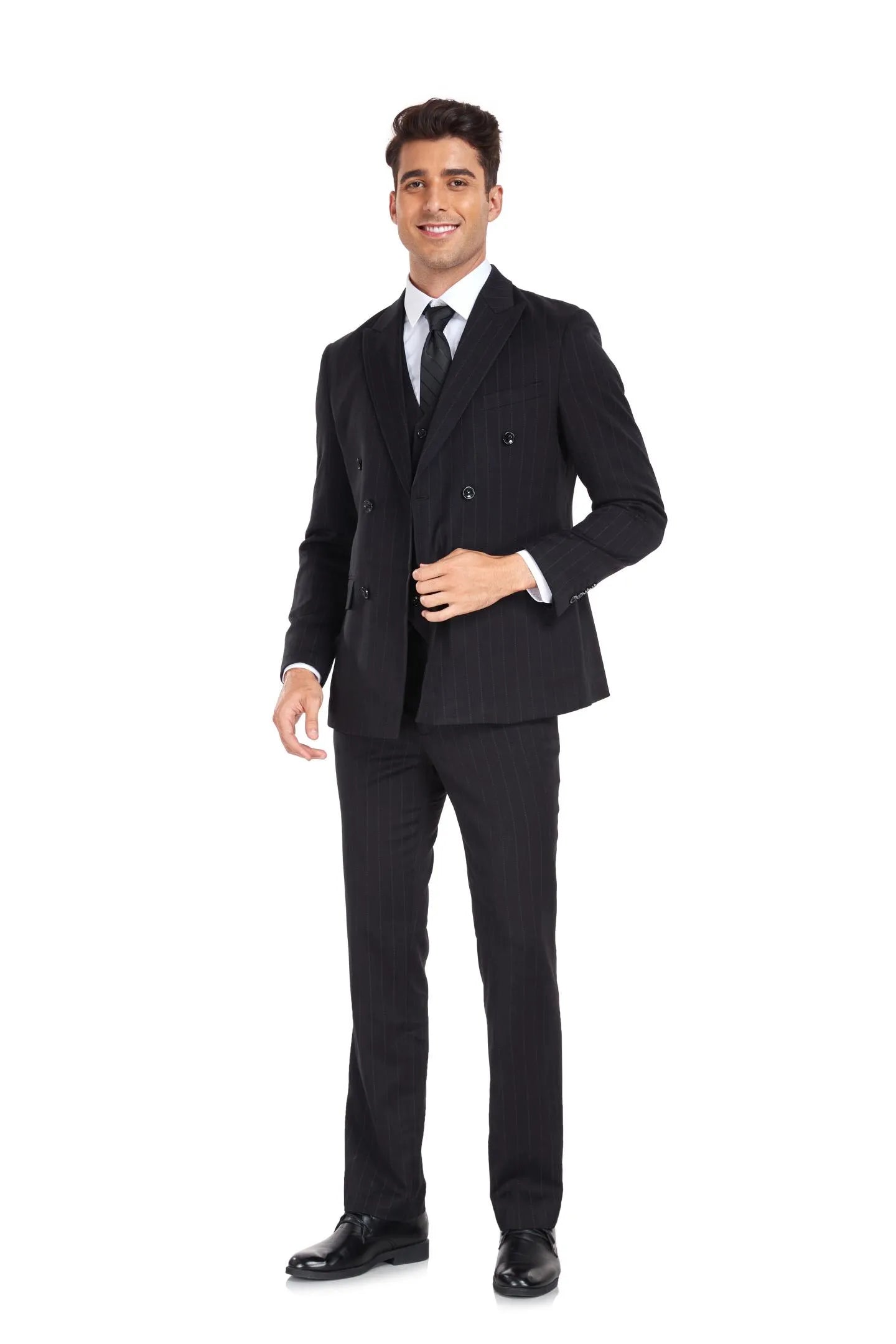 men's black striped formal suit with classic double breasted silhouette and tailored peak lapel