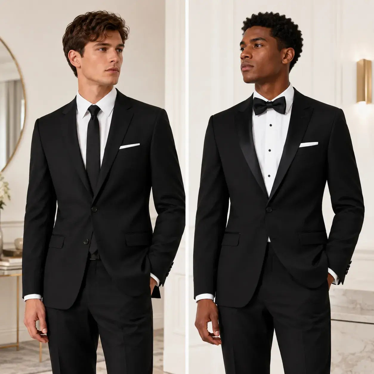 Men comparing a black prom suit with necktie and a black tuxedo-inspired prom look with bow tie.