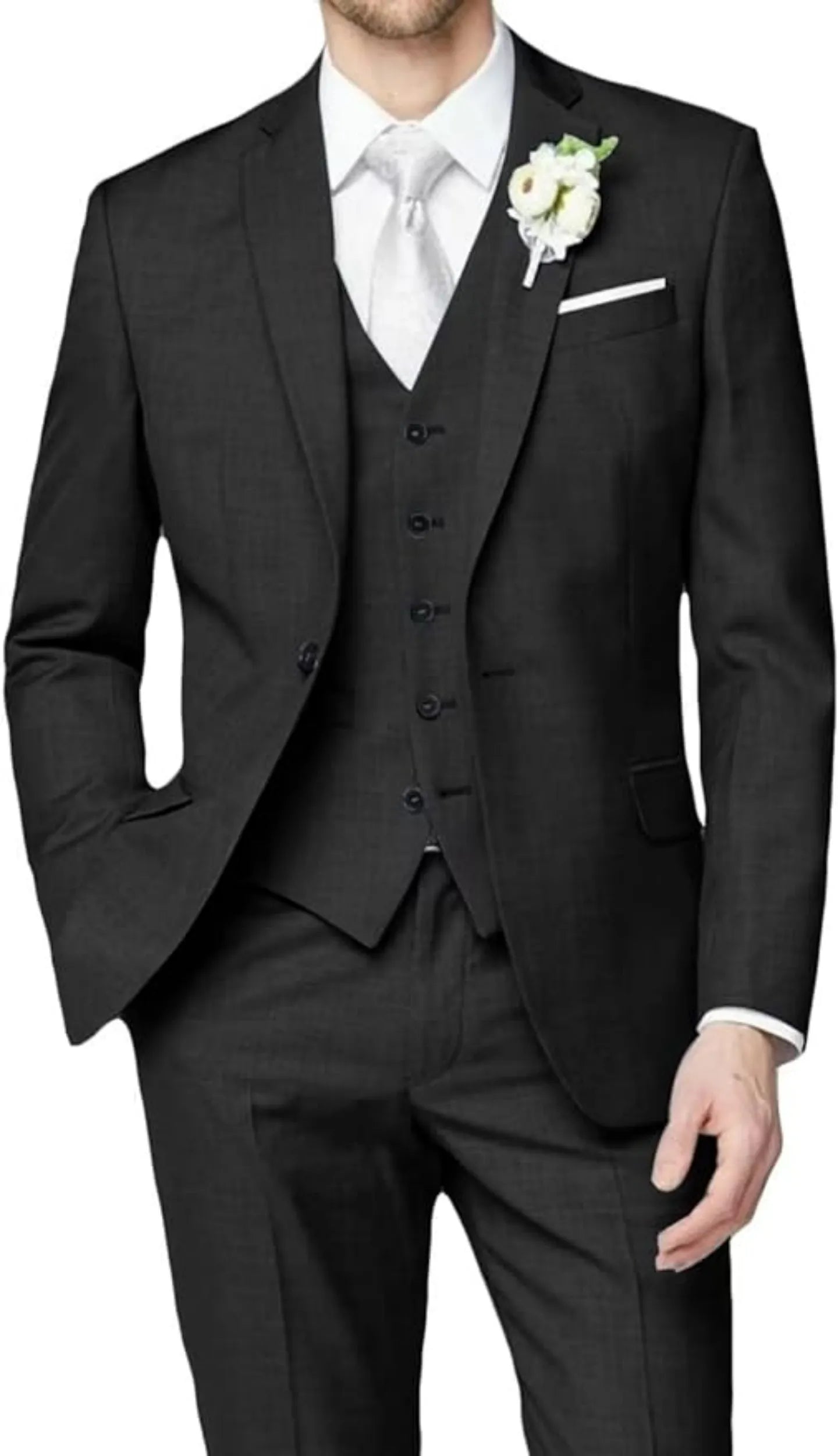 front view of black wedding groomsmen 3 piece men's suit with tailored blazer, buttoned vest, slim trousers, white shirt, and silver tie with boutonniere