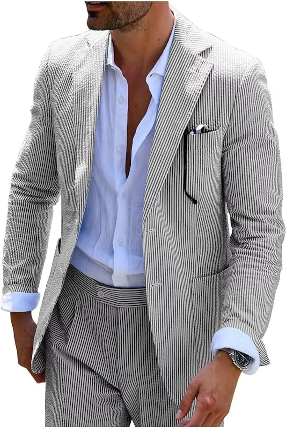 Close-up of a men's black-and-white seersucker suit with a classic notched lapel design.