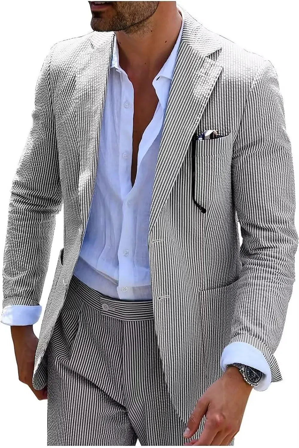 Black-and-white seersucker suit, perfect for a stylish summer look.