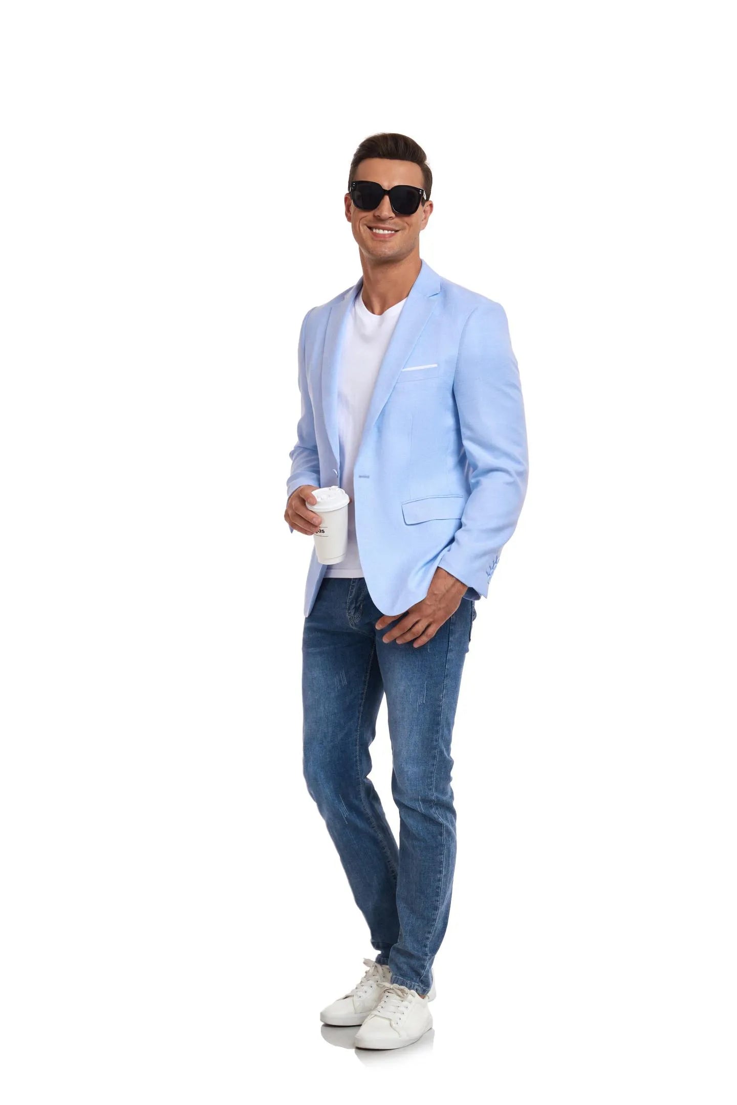 model in a blue two-button blazer with a white t-shirt and sunglasses, holding a cup – casual yet refined look for day events.