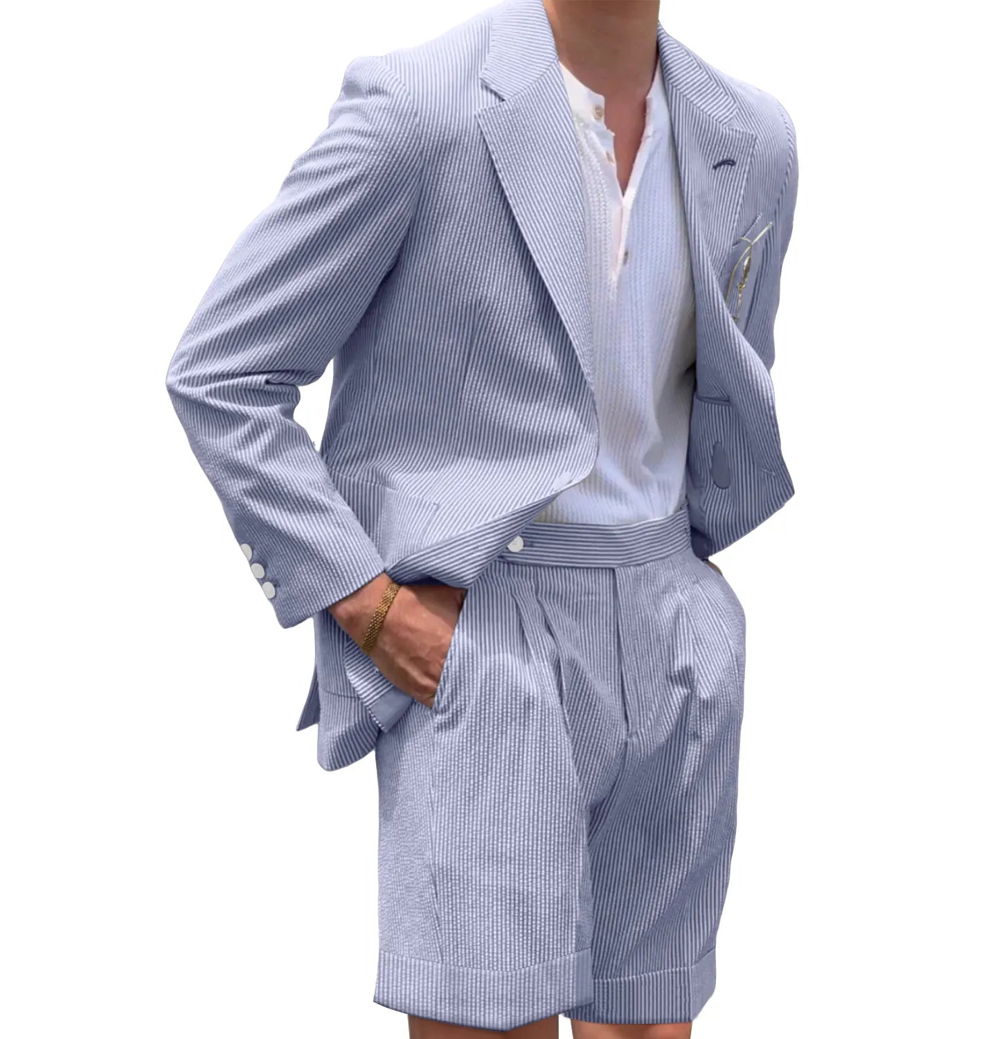 Men's blue seersucker blazer and shorts set – lightweight striped summer 2 piece suit