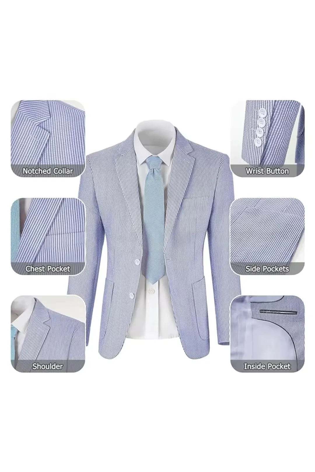 Blue-and-white seersucker blazer showcasing pockets, lapels, and textured fabric.