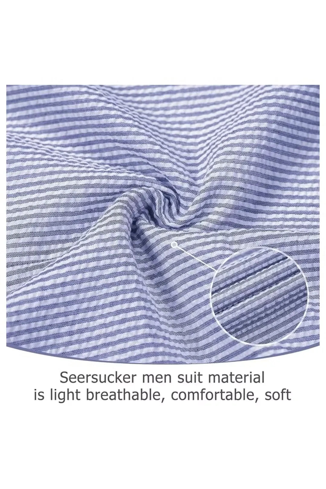 Close-up of blue-and-white seersucker fabric texture with soft stripes for a comfortable fit.