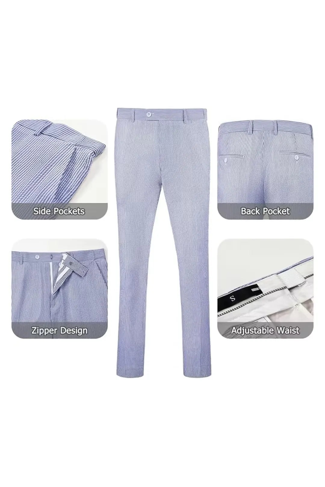 Blue-and-white striped seersucker pants with an adjustable waist and zipper for comfort.