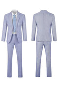 Load image into Gallery viewer, Front and back view of a men's blue-and-white striped seersucker blazer set, perfect for summer.