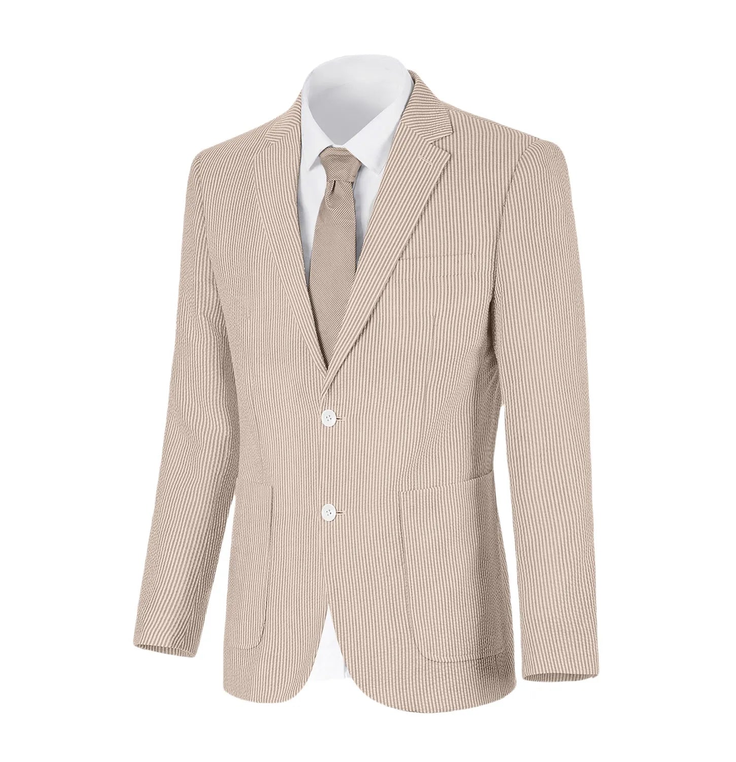 Breathable khaki-and-white striped seersucker blazer in a classic regular fit, ideal for resort wear.