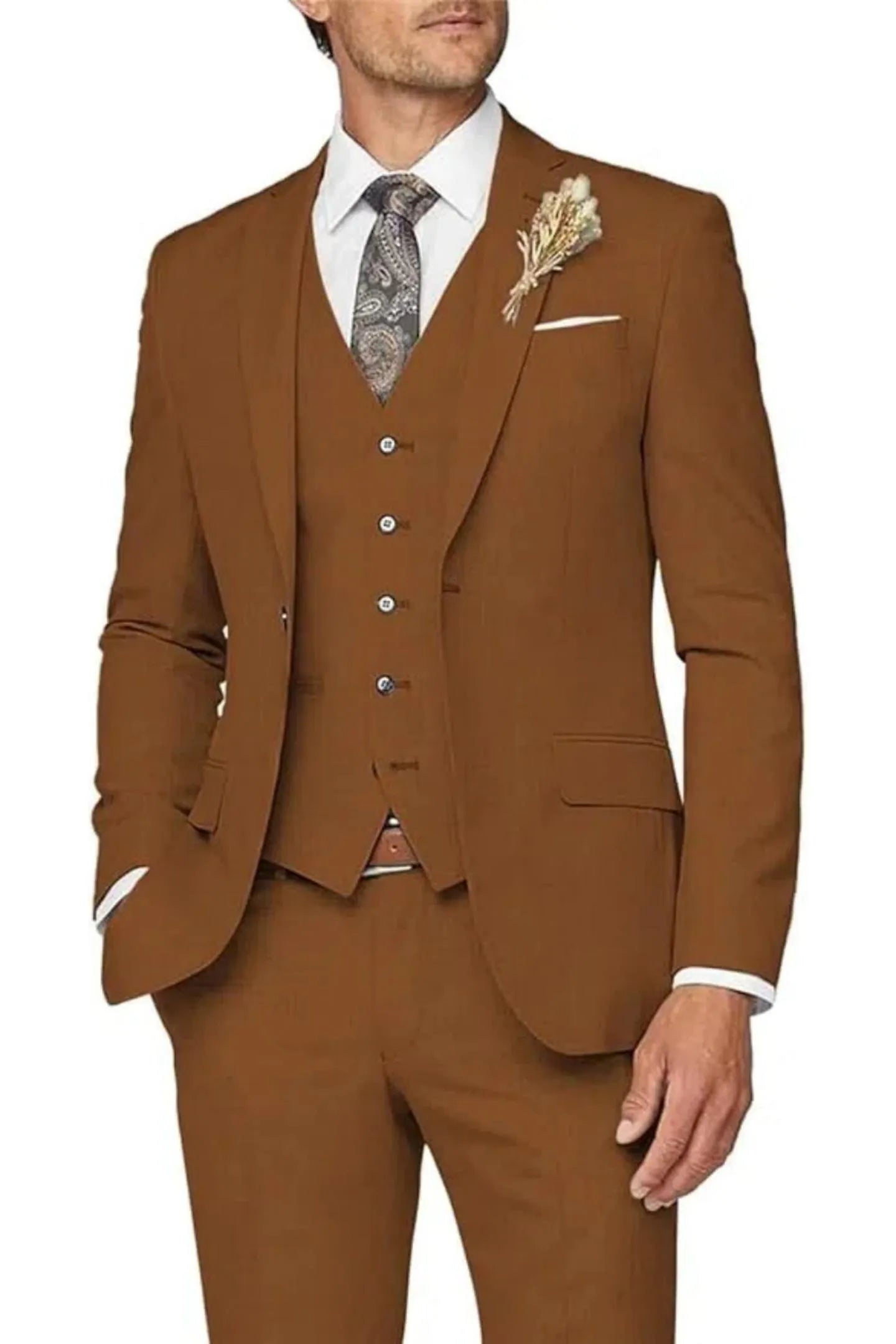 brown 3 piece suit for men: formal wedding prom outfit with slim blazer, vest, trousers & lapel flower
