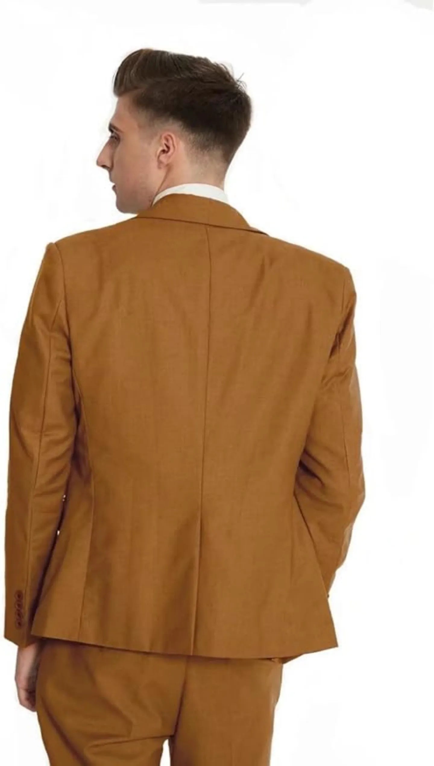 back view of men's brown double-breasted suit jacket – tailored fit with structured shoulders and matching trousers