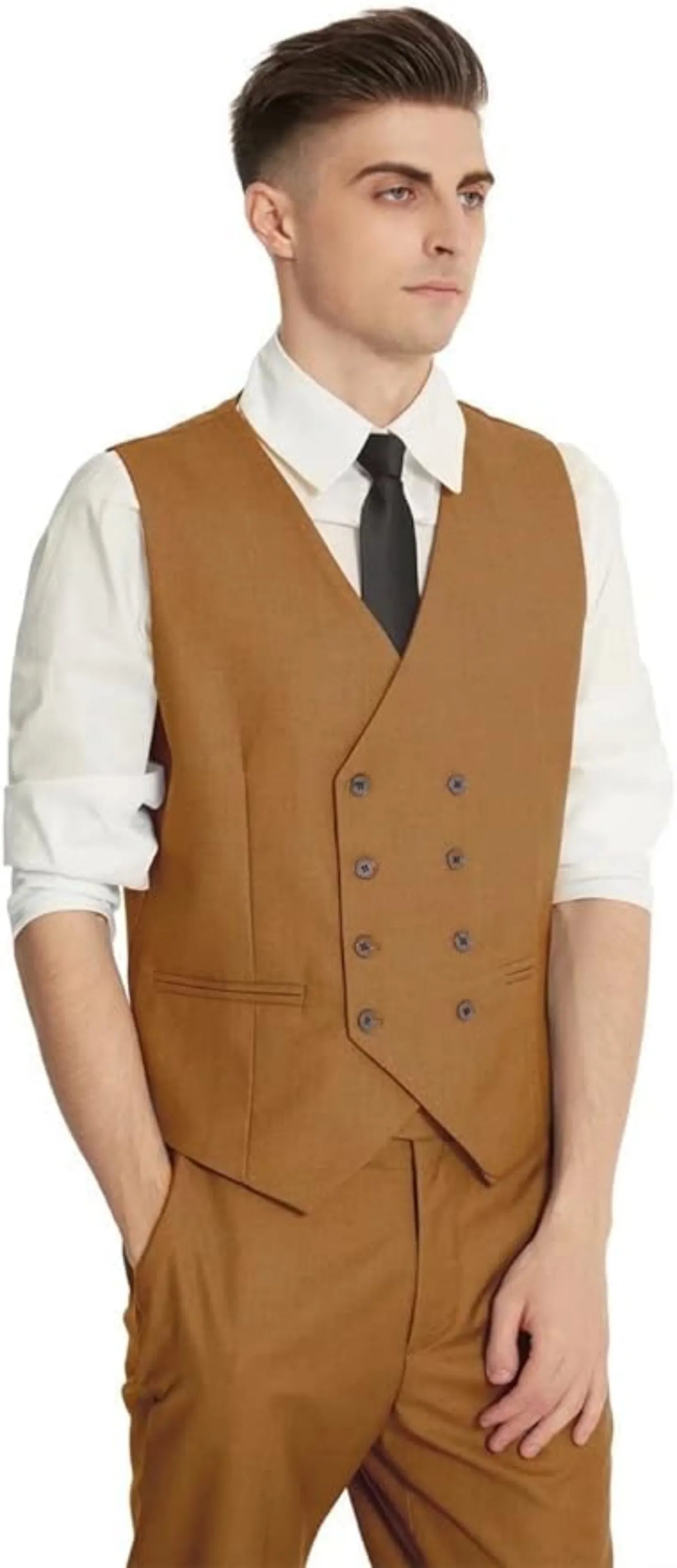 model in men's brown double-breasted suit vest and trousers – casual formalwear style with white shirt and black tie
