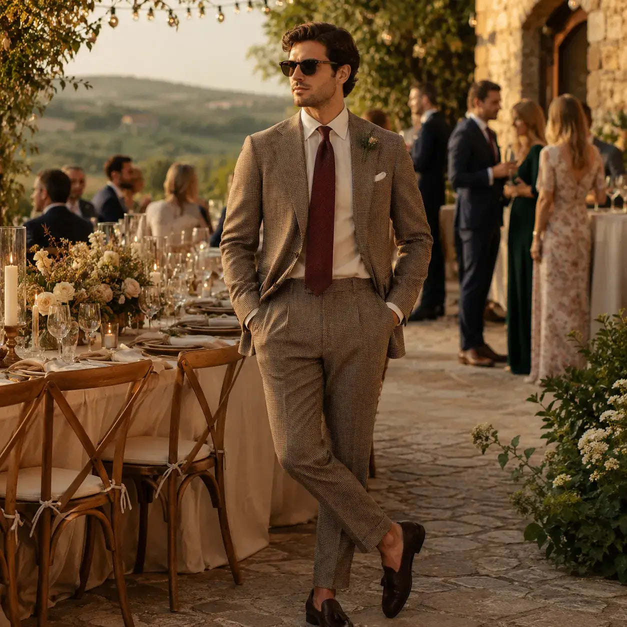 Stylish wedding guest in a brown houndstooth suit at an outdoor countryside wedding reception.