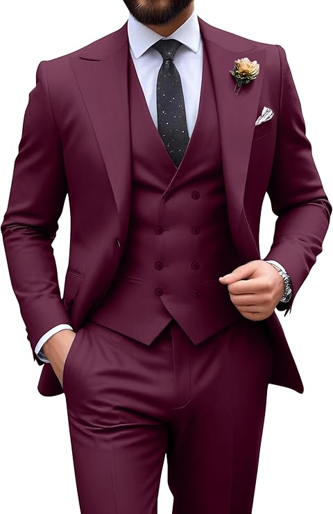 burgundy slim fit 3 piece groom suit with peak lapel blazer, double breasted vest and pants for modern wedding style