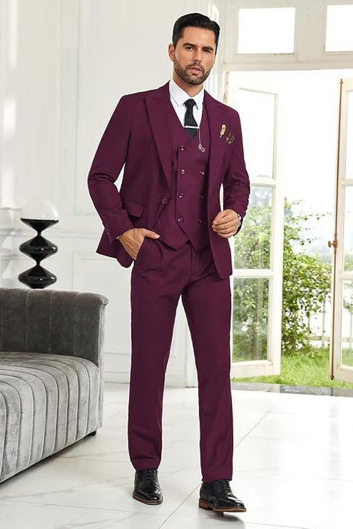 burgundy 3 piece wedding suit for men – slim fit groom tuxedo for formal events