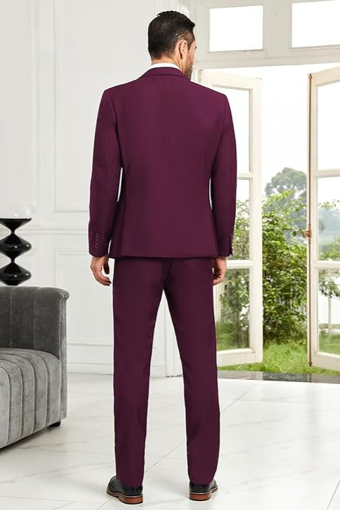 Elegant burgundy formal suit set for men – blazer, vest, pants for prom or wedding