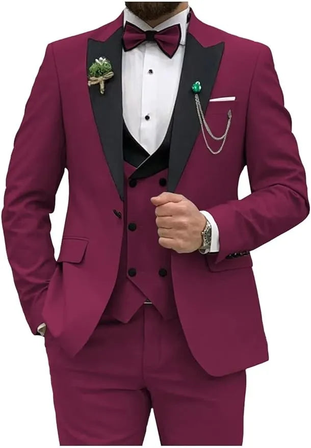 burgundy slim fit tuxedo suit for prom with chain and boutonniere