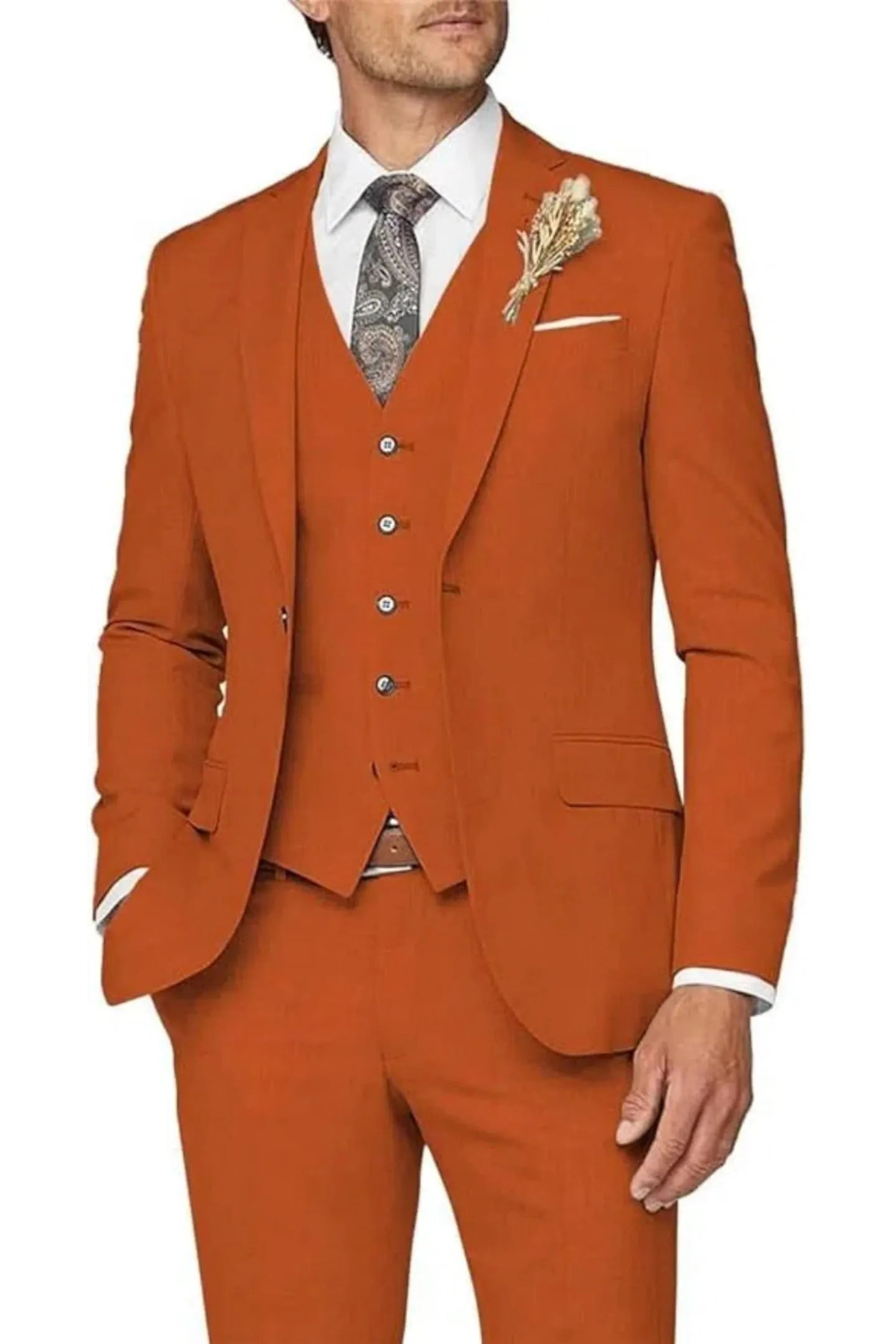 burnt orange 3 piece suit for men: formal wedding prom outfit with slim blazer, vest, trousers & lapel flower