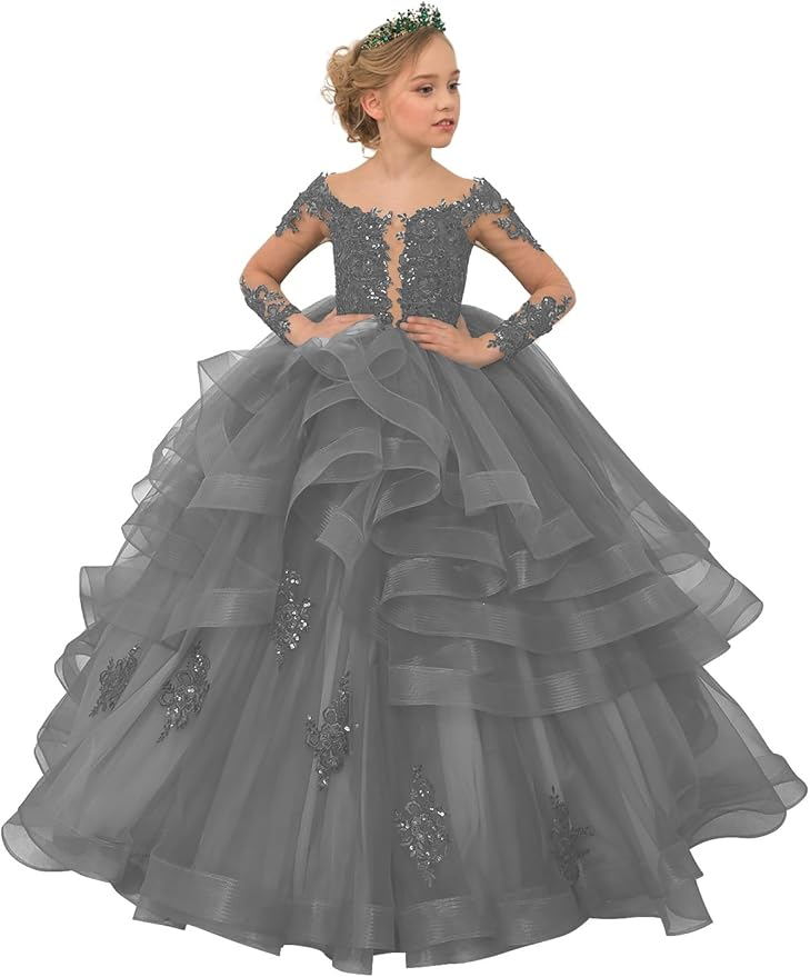 Long Sleeve Flower Girl Dresses Lace Applique Princess Ruffles Tulle Party Gown