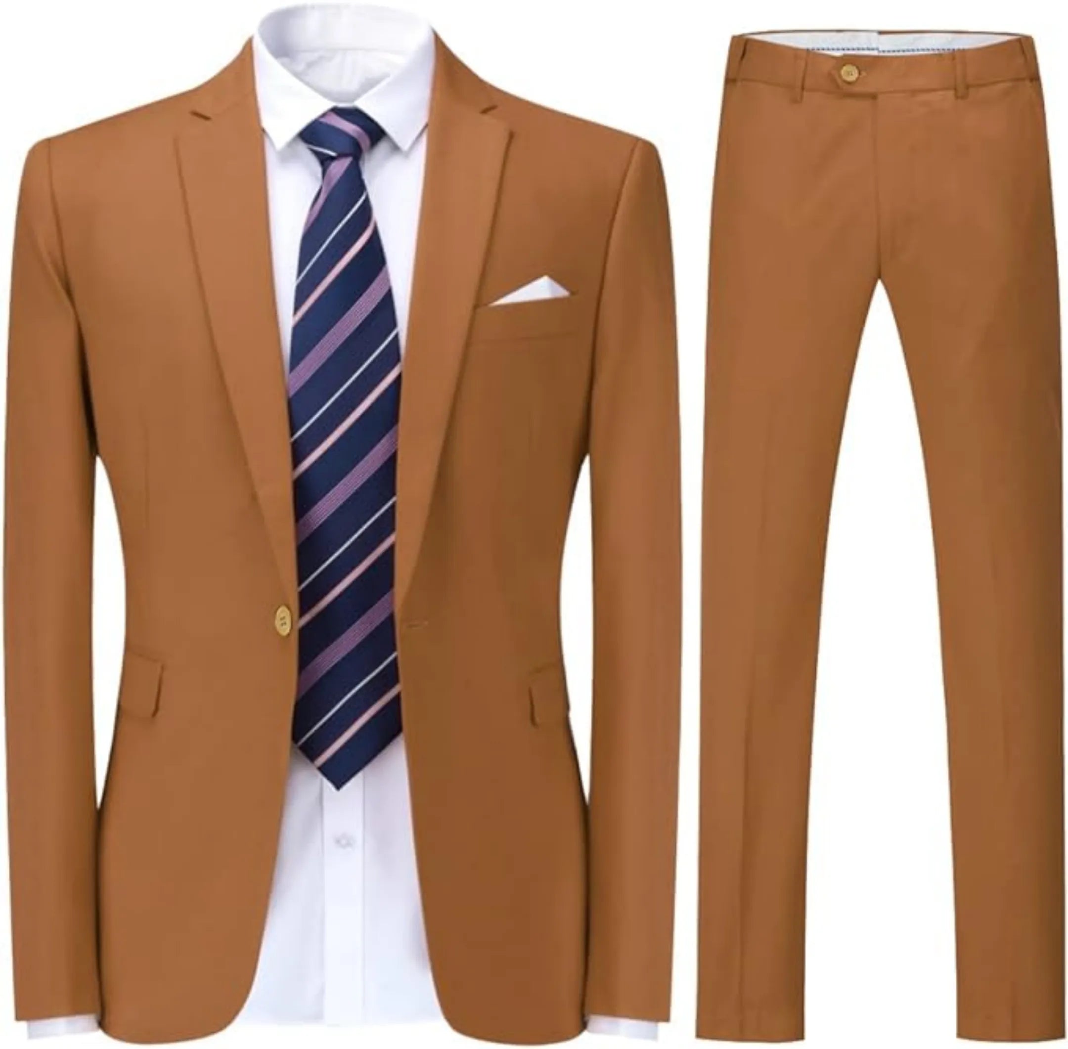 front view of men's caramel single-breasted one button suit, featuring a tailored blazer, striped tie, and matching trousers.