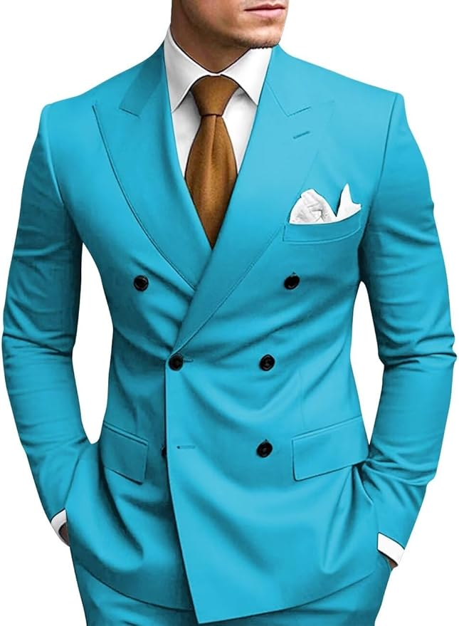 Stylish aqua peak lapel 2 piece suit for men – slim fit formal look with white shirt and tie