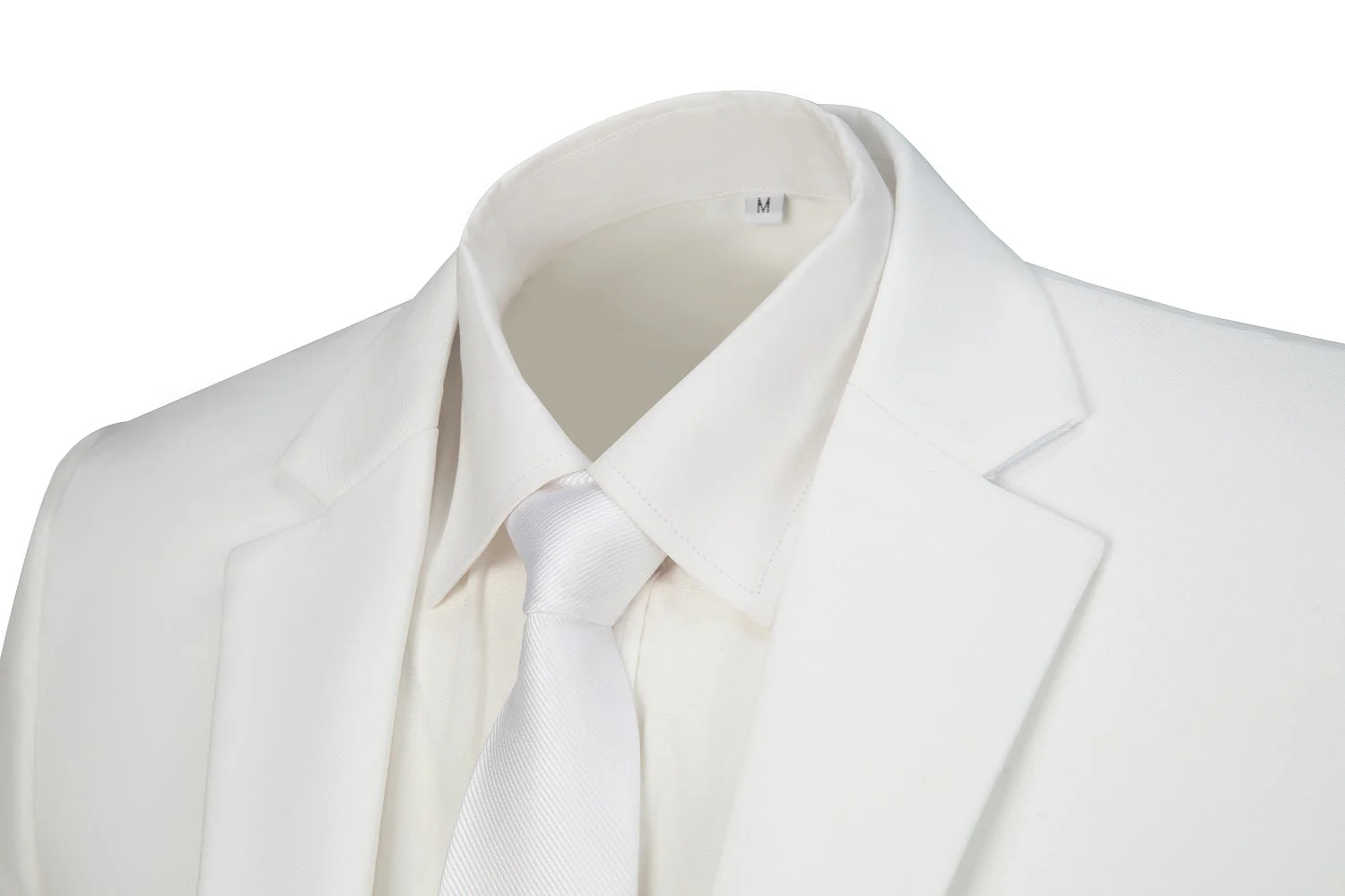 Men's ivory two button blazer - closeup of notched lapel with white shirt & ivory tie formal collar detail