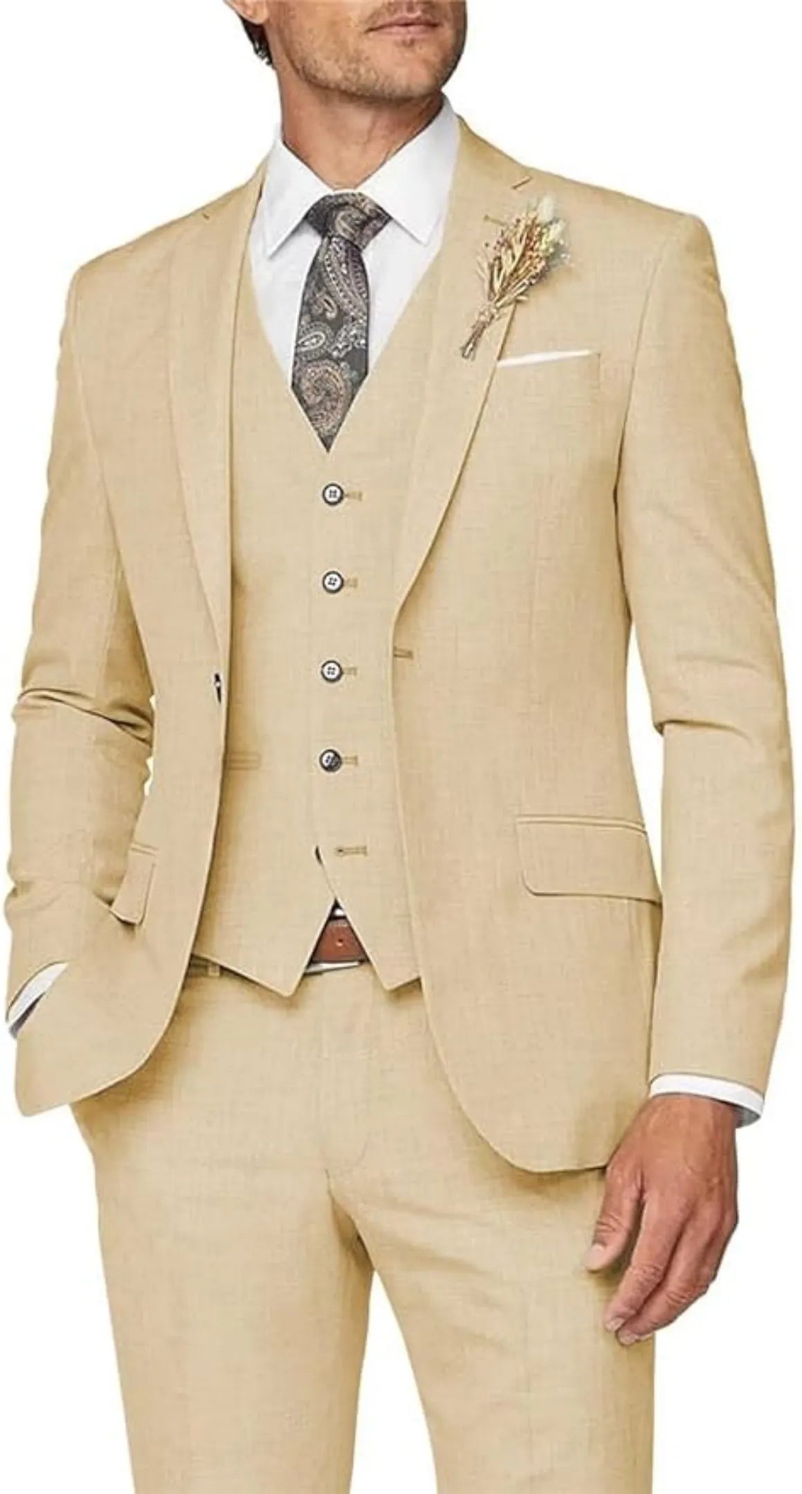 champagne 3 piece suit for men: formal wedding prom outfit with slim blazer, vest, trousers & lapel flower