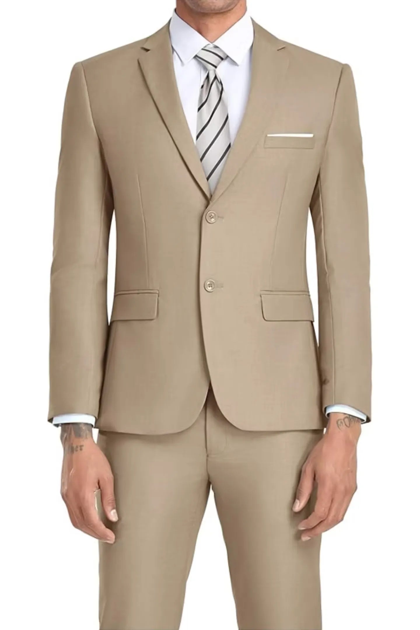 polished champagne slim fit two-piece men's suit with a two-button jacket – ideal for weddings, receptions, or upscale formal events.