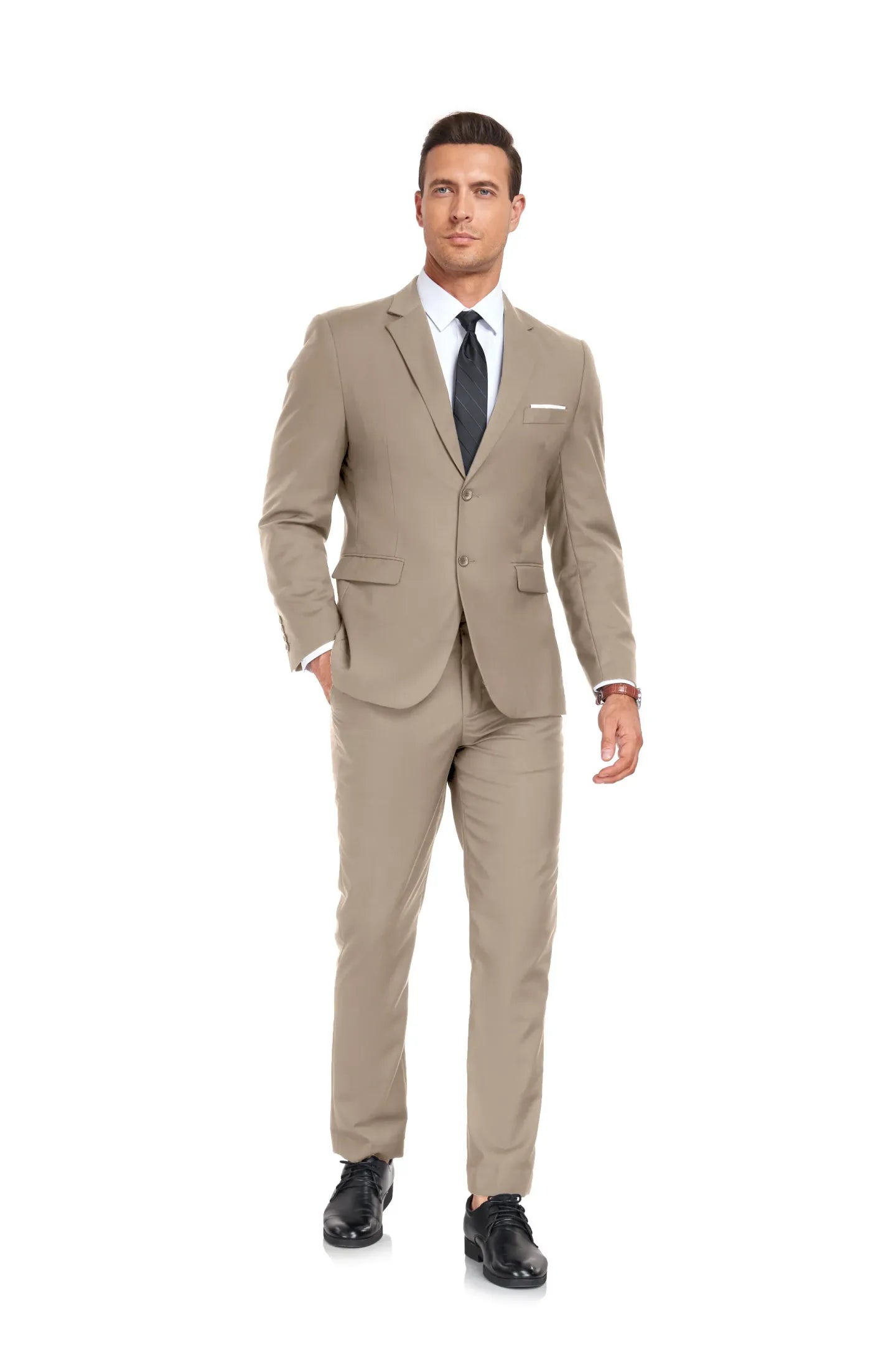 tailored champagne suit for men featuring a two-button jacket and matching pants – perfect for a fresh, polished summer formal style.