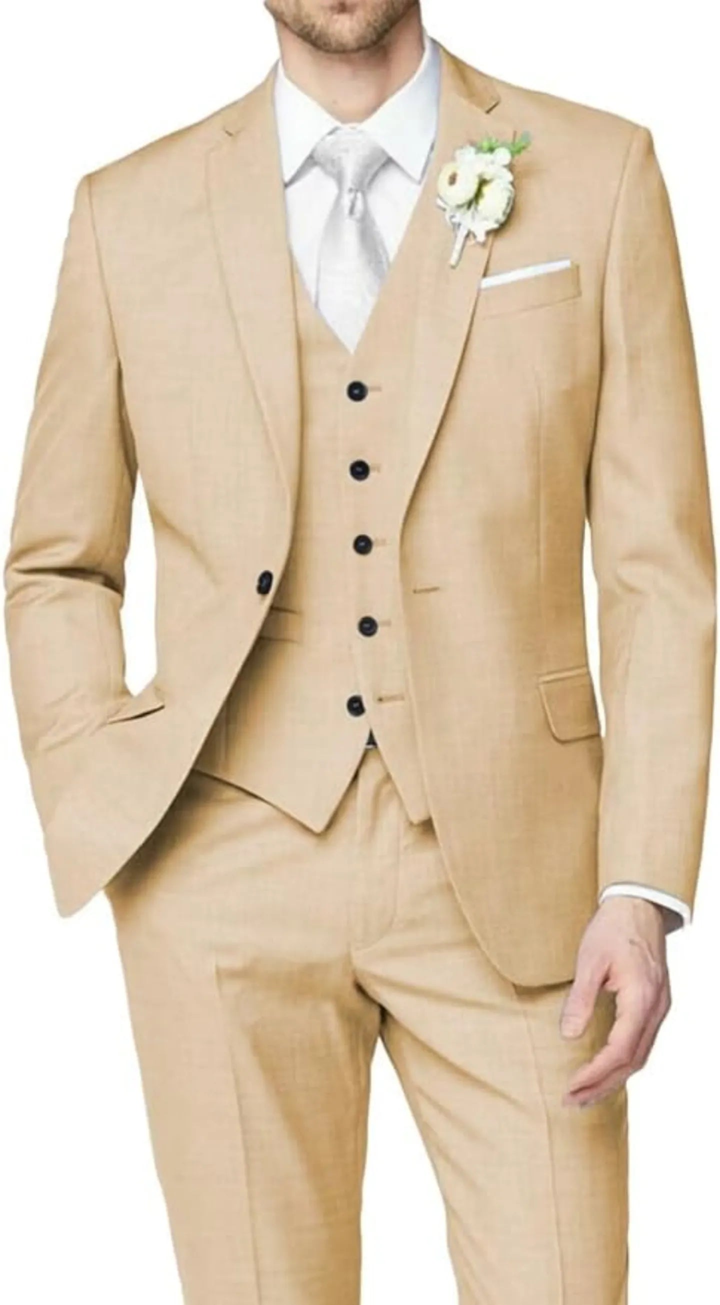 front view of champagne wedding groomsmen 3 piece men's suit with tailored blazer, buttoned vest, slim trousers, white shirt, and silver tie with boutonniere