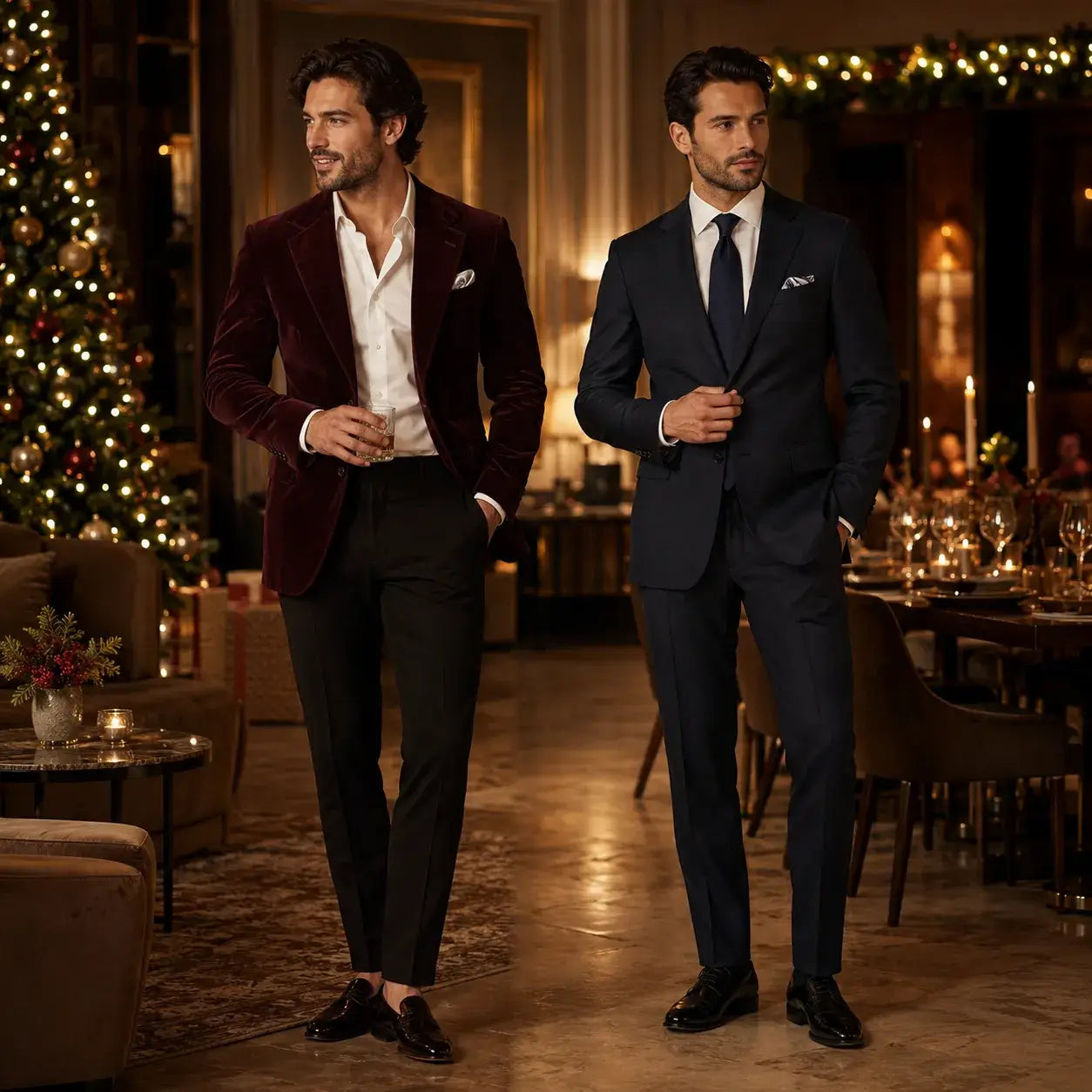Christmas blazer vs Christmas suit for men showing a burgundy velvet blazer with black trousers and a navy full suit in an elegant holiday setting.