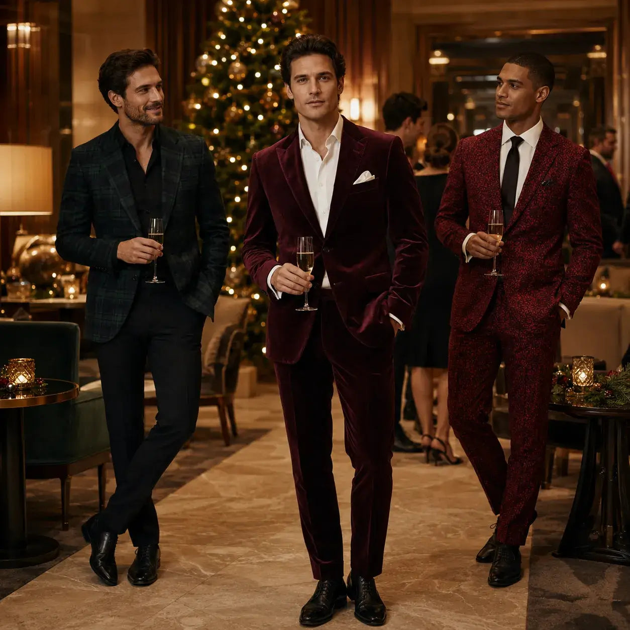 Men's Christmas party suit ideas featuring burgundy velvet, dark green plaid, and red festive patterned suits in an elegant holiday party setting.